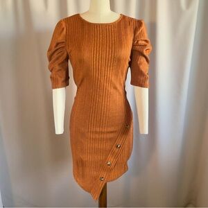 Puff Sleeve Knit Asymmetric Button Dress